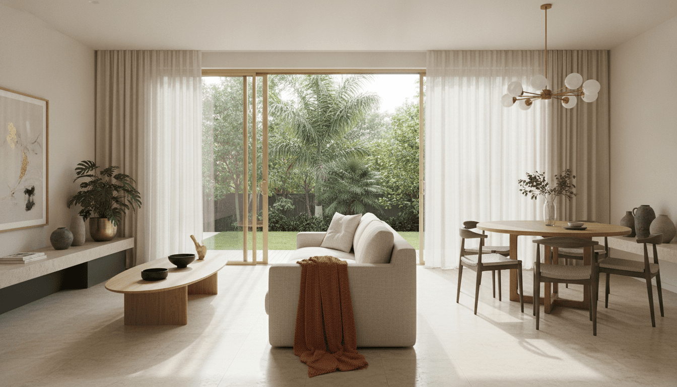 A warm, light-filled Brisbane living space designed by Haus Theory